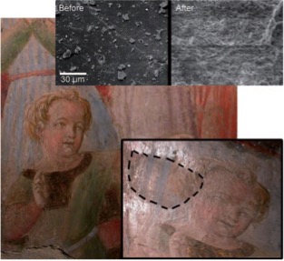 Fig. 4– Limpeza de pintura mural microemulsão. Remoção de capa de polímero resultante de antigas restaurações (Sacristia de Santa Maria della Scala, Siena, Itália). Fonte: E. Carretti, E. Fratini, D. Berti, L. Dei, P. Baglioni, AngewChem (2009) 48, 8966.